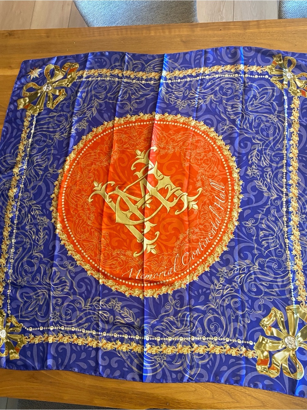 Rare Memorial Continental Hall Ornate Blue and Red Silk  Scarf with Gold Accents